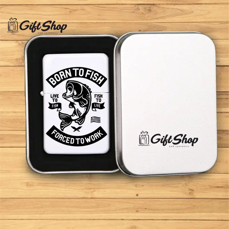 Born to fish forced to work, bricheta metalica gravata laser cu mesajv